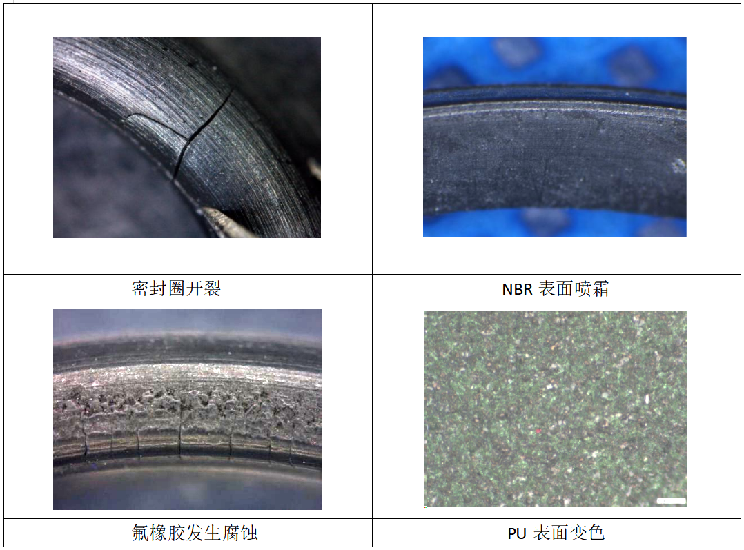 橡膠失效模式對比：密封圈開裂、NBR噴霜、氟橡膠腐蝕與PU變色